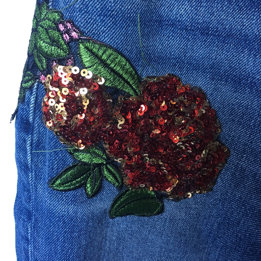 Zara Z1975 Denim Sequins Rose Patch Jeans - Sz. 2 - Picture 5 of 8